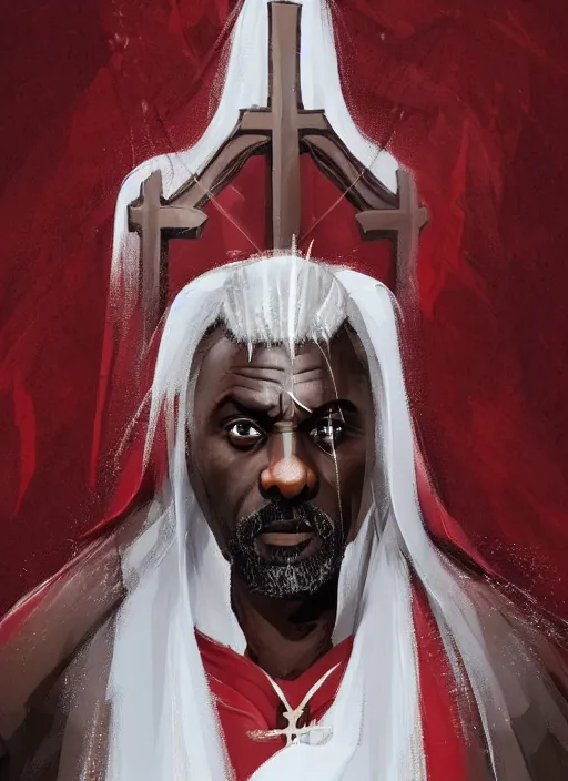 Prompt: a highly detailed illustration of idris elba as a sadistic sharp white haired priest wearing red and white robe, dramatic smiling wielding bloody cross pose, gothic church background, intricate, elegant, highly detailed, centered, digital painting, artstation, concept art, smooth, sharp focus, league of legends concept art, wlop