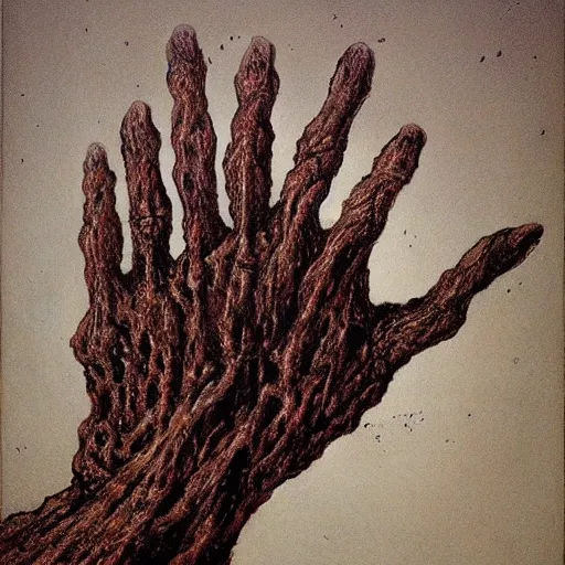 Prompt: rotted hand made by Zdzislaw Beksinski