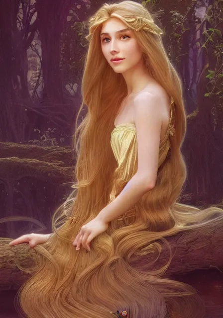 Image similar to rapunzel with long gold hair magic, intricate, elegant, highly detailed, digital painting, artstation, concept art, smooth, sharp focus, illustration, art by artgerm and greg rutkowski and alphonse mucha and william - adolphe bouguereau