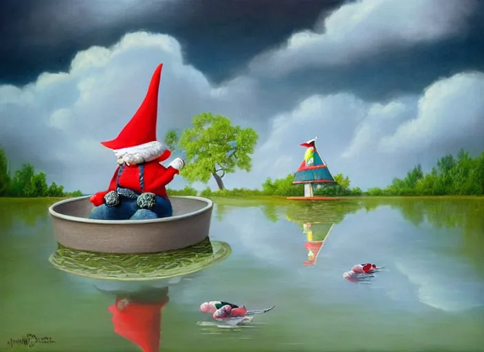 Image similar to a garden gnome sailing in a bucket, whimsical background of a reflective pond on a sunny day with dramatic clouds, an ultrafine detailed painting by mark ryden, trending on deviantart, pop surrealism, whimsical, lowbrow, joyous, perfect symmetrical face