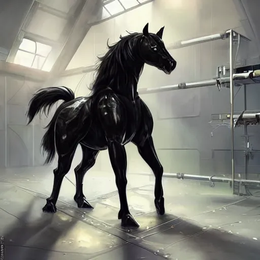 Prompt: splash art of a black - coated anthropomorphic horse supersoldier with gargantuan muscles in a research facility wearing a combat kevlar outfit, long white mane coming out of helmet, highly detailed, furry, furaffinity, digital painting, artstation, sharp focus, illustration, art by artgerm, greg rutkowski, alphonse mucha