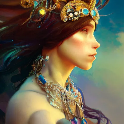 Prompt: a beautiful 🤖 haired young 🦍, adorned with precious stones, tiara and necklace by jeremy mann and alphonse mucha, photo realistic, dynamic lighting, windy, artstation, poster, dreamy, volumetric lighting, ethereal, 4 k, high detail