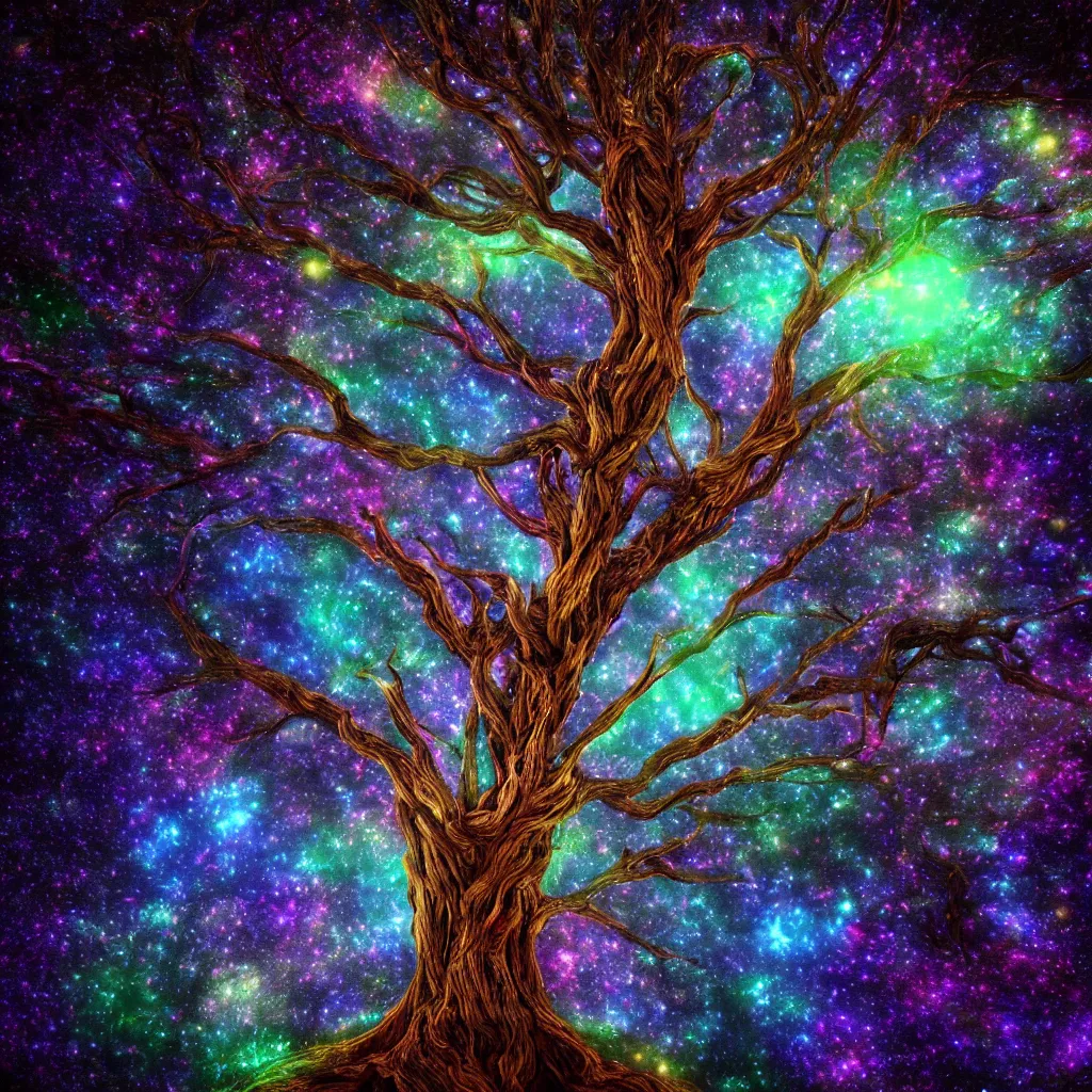 Image similar to tree of life, Cosmic tree of life, trees, Tree in a galaxy made of stars, space, nebulas stars Dmt Psychedelic cosmos, cosmic, Hallucination, night sky; 8k, artstation, unreal engine, octane render, hdr, surrealistic, hyperrealism, glow, photorealistic, volumetric lighting, Dreamy, dynamic, mystical