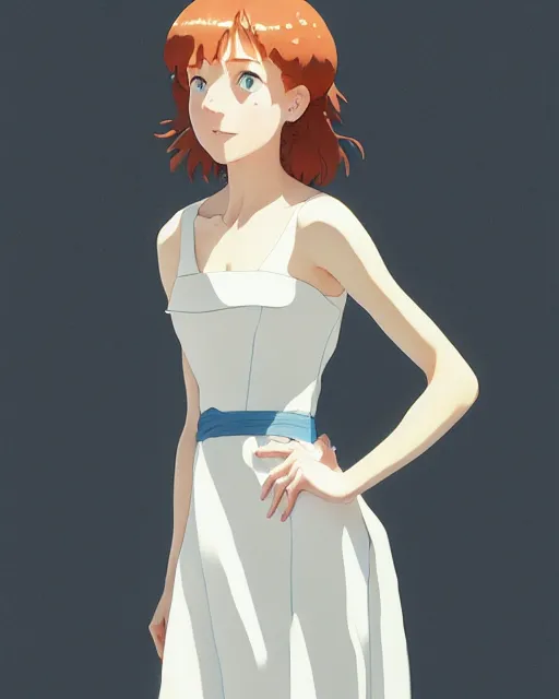 Image similar to young southern woman, freckle, ginger hair, sad cerulean eyes, simple cream dress, detailed perfect face, exquisite details, fire magic, mid view, design on a white background, by studio muti, greg rutkowski makoto shinkai takashi takeuchi studio ghibli