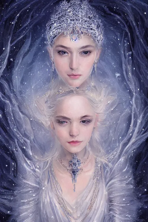 Image similar to full - body - portrait of one beautiful stunning peaceful majestic ice queen wearing intricate jewelry, oil on canvas, baroque style, perfect symmetrical face, mood lighting, ornate and elegant, winter, philosophical, painterly, 🌚, digital art, detailed, trending on artstation