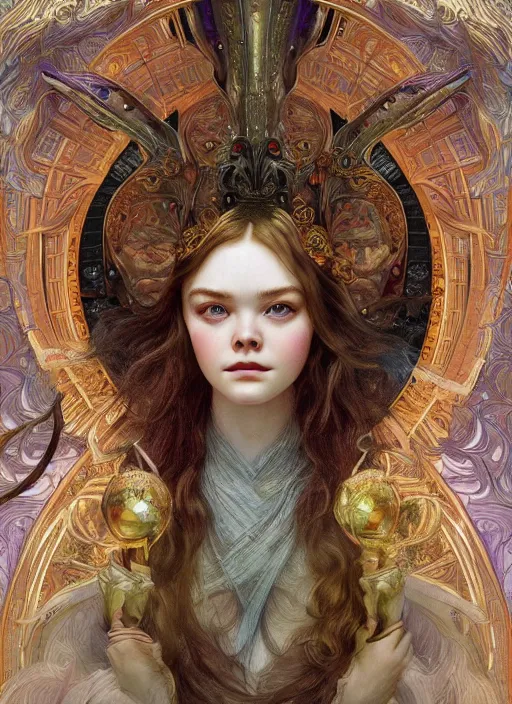 Image similar to Elle Fanning as God of Beauty, cute, fantasy, intricate, elegant, highly detailed, digital painting, 4k, HDR, concept art, smooth, sharp focus, illustration, art by alphonse mucha,artgerm, H R Giger