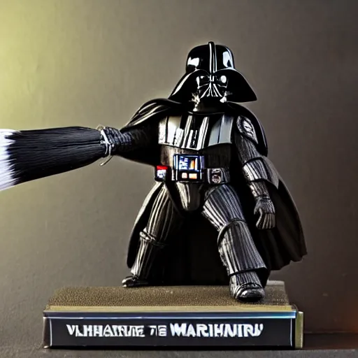 Image similar to large Darth Vader holding a paintbrush which diligently paints miniature figures of a space marine from Warhammer 40,000 at a table with a bright lamp, realism, depth of field, focus on darth vader,