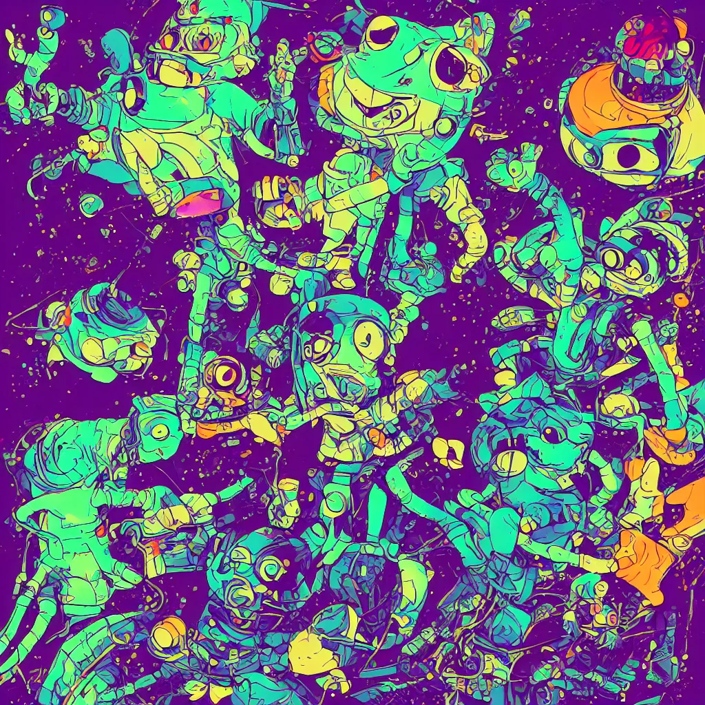 Image similar to indigo toads, ryuta ueda artwork, breakcore, jet set radio artwork, y 2 k, gloom, space, cel - shaded art style, broken rainbow, data, minimal, speakers, code, cybernetic, dark, eerie, cyber