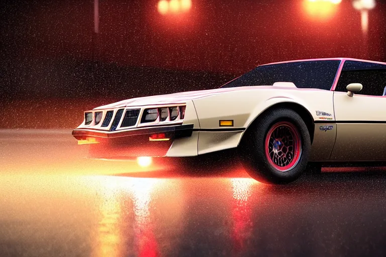 Image similar to hyperdetailed, photorealistic photograph of a 1 9 8 2 pontiac firebird trans - am drifting in the streets, rain, night, dense fog, hd, unreal engine 5 by greg rutowski, by stanley artgerm, by alphonse mucha