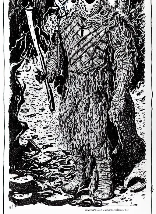 Image similar to jason voorhees as a D&D monster, full body, pen-and-ink illustration, etching, by Russ Nicholson, DAvid A Trampier, larry elmore, 1981, HQ scan, intricate details, Monster Manula, Fiend Folio