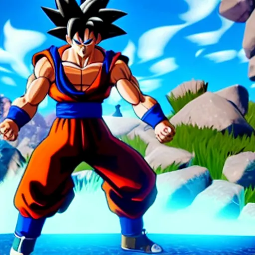 Image similar to a game still of goku in fortnite, in - game shot