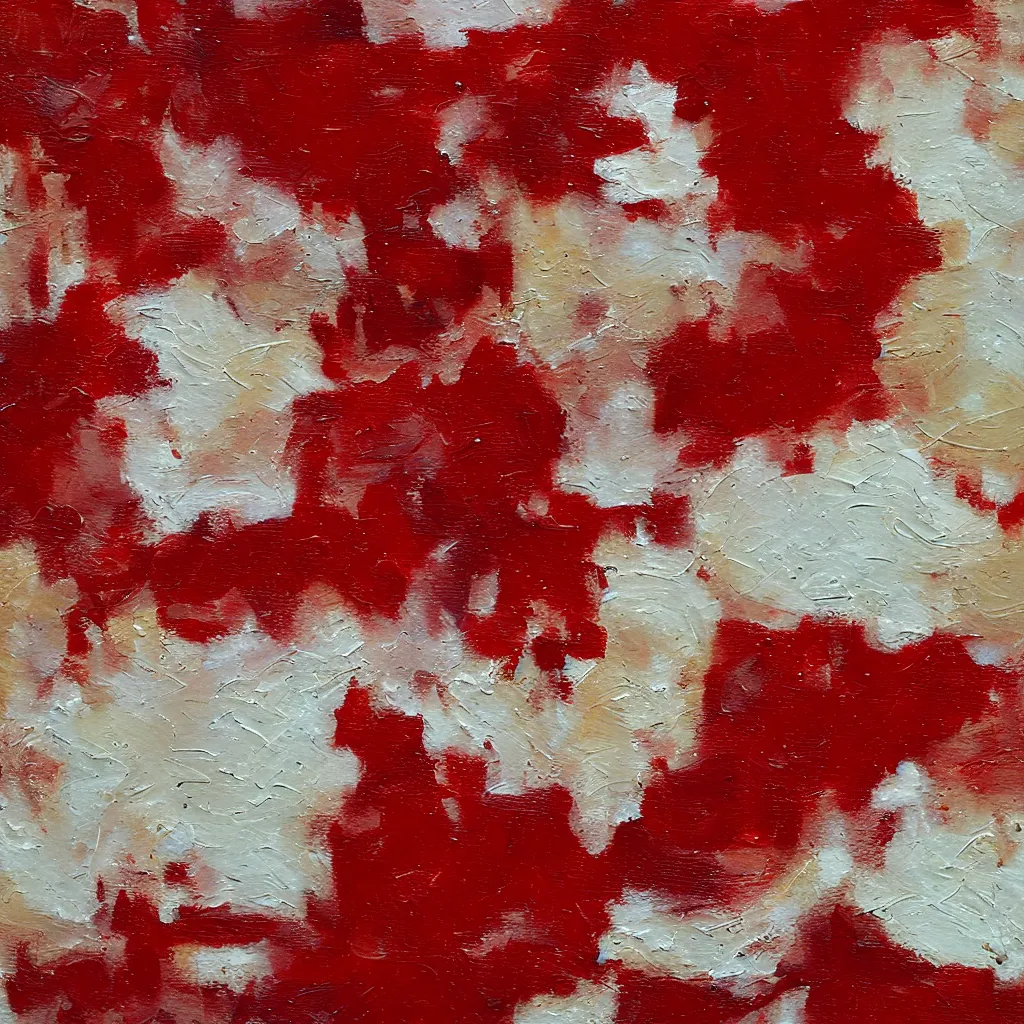 Prompt: thick creamy impasto, white thick heavy brush marks on a dark red background, on top of this are pale olive impasto brush marks and on top of that vermillion brush marks - i