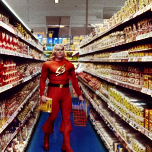 Image similar to film still of Flash Gordon shopping for groceries