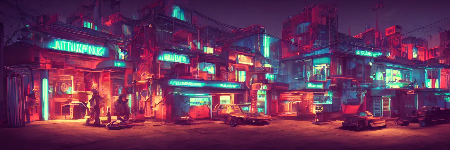 Prompt: an atompunk house in a city, neon signs and lights, coloured, ultra detail, photo realistic, shadows, dynamic lighting, dramatic, atmospheric, by junji ito, trending on artstation, octane render, unreal engine 5