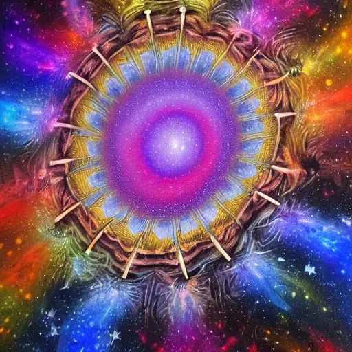 Image similar to a painting of a black portal!! in outer space, surrounded by fractals!, galaxies, and clouds!! of kaleidoscopic colors, trending on art station