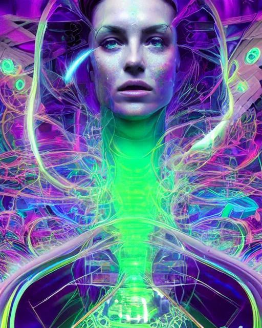 Image similar to a powerful energy psychedelic matrix priestess, by alexander fedosav, hyper detailed digital matte painting, concept art, hyperrealism, 1 6 k resolution, cinema 4 d, 8 k resolution, trending on artstation, behance hd, a masterpiece, by stephan martiniere, particles, cel - shaded, power bright neon energy, by david a. hardy,