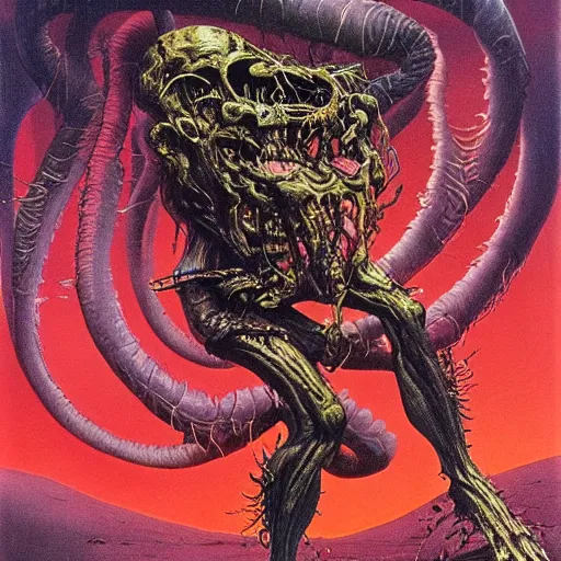 Prompt: eddie from iron maiden, bloated, fluid, smooth, organic, crazy, bright, colours, tumours, high contrast, sharpness, dramatic, very detailed, intricate, by giger and corben and moebius and beksinski and bosch and bacon