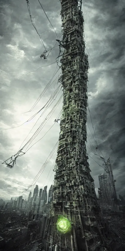 Prompt: imposing alien tower ascending out of a run-down town, cables that are pulsing with green energy are attached to the tower, dramatic and moody lighting, epic composition, 3d realistic, wide angle, point of view, by piotr jablonski