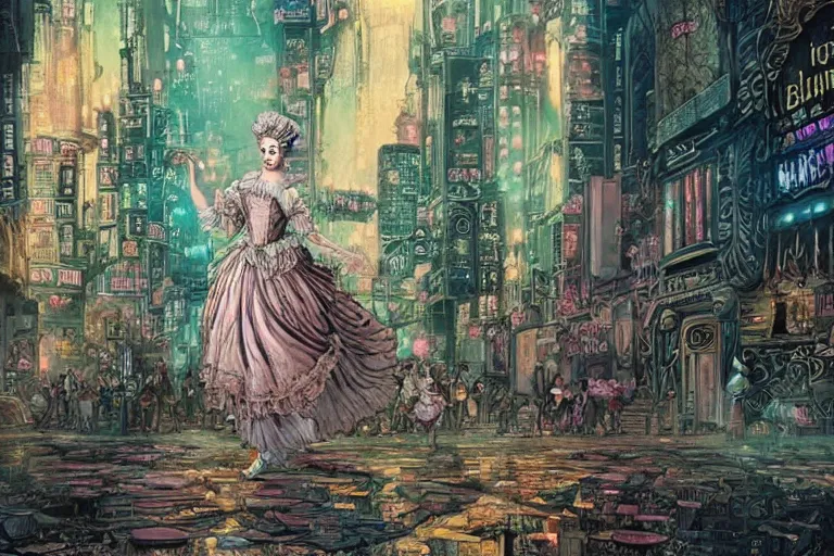 Image similar to Marie antoinette in a rococo dress as shaman dancing in with spirits in ornate cyberpunk city street, 2am, by Chiara Bautisya, blade runner, in style of Laurie Greasley, Jen Bartel, Background by Tarmo Juhola, kowloon, cinematography Roger Deakins,