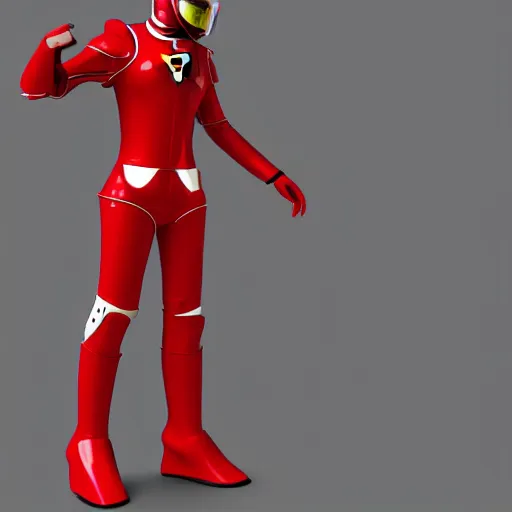 Image similar to Tokusatsu character based on Ferrari, red mechanical skinny body, chest plate with Ferrari logo, stylized motorcycle helmet, full body, unreal engine, 3D model