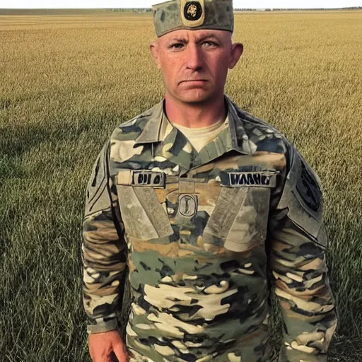 Image similar to “a short, strong, bald, buff, 35 year old man in a US Army Uniform standing in the middle of a field with a grumpy look on his face”