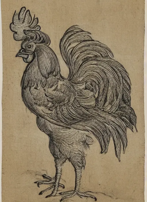 Prompt: a detailed, intricate drawing on parchment with white highlights of a rooster on a beach, by albrecht durer