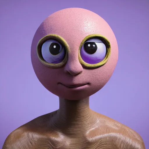 Prompt: photo of a clay model of character with large spherical purple head and humongous eyes and spindly limbs with face close to the camera, fish eye lens, 4 k, hyper realistic, hyper detailed face, octane render