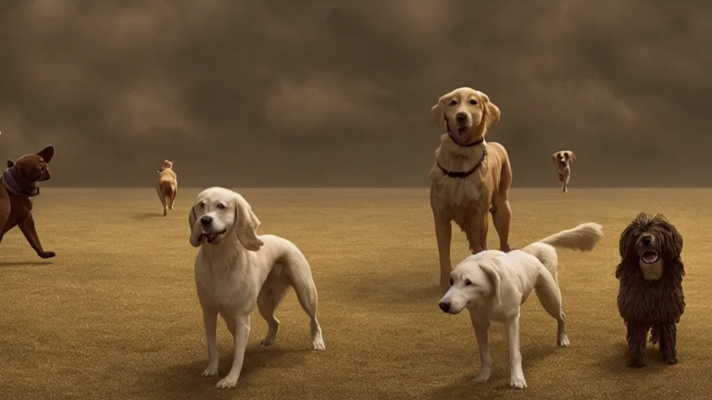 Prompt: all dogs go to heaven, film still from the movie directed by Denis Villeneuve with art direction by Salvador Dalí, wide lens