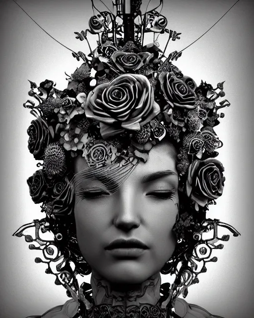Image similar to mythical dreamy black and white organic bio-mechanical spinal ribbed profile face portrait detail of translucent steampunk beautiful siamese sisters females angelic-human-queen-vegetal-cyborg, highly detailed, intricate trnaslucent ivy jelly ornate, poetic, translucent roses ornate, 3D render, digital art, octane render, 8K artistic photography, photo-realistic, by Dora Maar