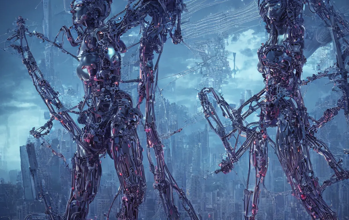 Image similar to award winning portrait of a crucified gargantuan female biomorphic cyborg goddess queen in the style of death stranding, neon genesis evangelion, with intricate energy core connecting to a futuristic downtown city, mightnight by artgerm, jean moebius giraud, yoshitaka amano, beeple, greg rutkowski. octane render.