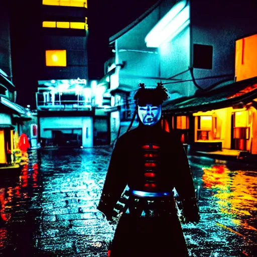 Image similar to photograph of a samurai warrior in a post modern Japan, neon lights, night, dark, volumetric light, raining, high contrast, epic