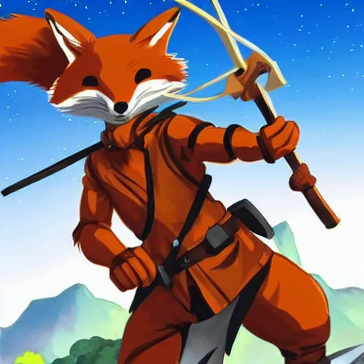 Image similar to a fox ranger holding a bow, by ken sugimori, official art, poster art, dungeons and dragons, detailed, vector, trending on artstation