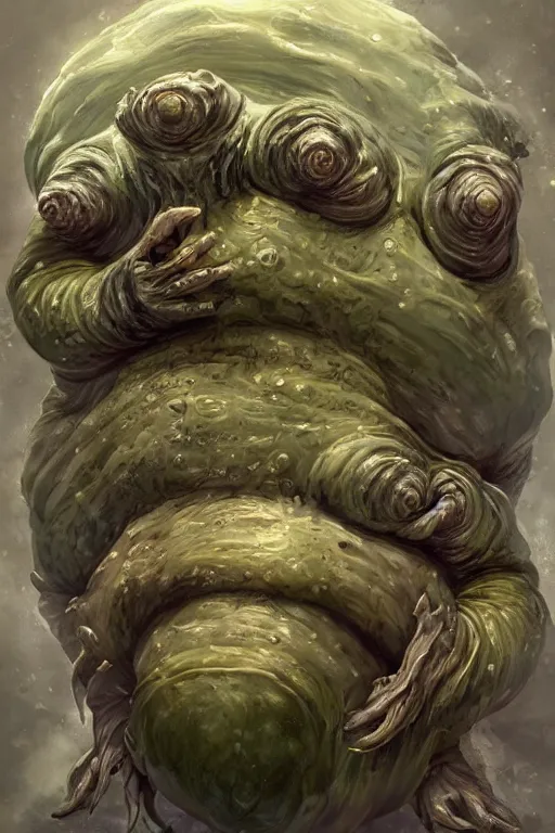 Image similar to oil portrait of a underworld horror tardigrade!!! trying to disguise itself as human, epic, cinematic, elegant, highly detailed, featured on artstation