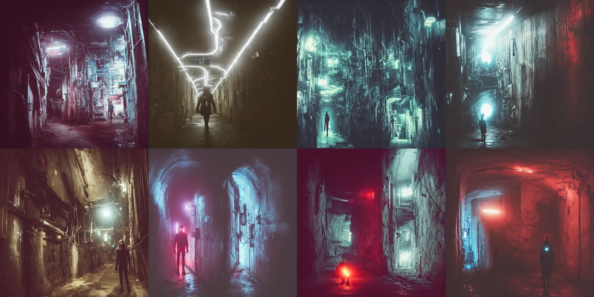 Prompt: a person in a dark tunnel with a light on, cyberpunk art by Elsa Bleda, trending on cg society, light and space, dystopian art, futuristic, circuitry