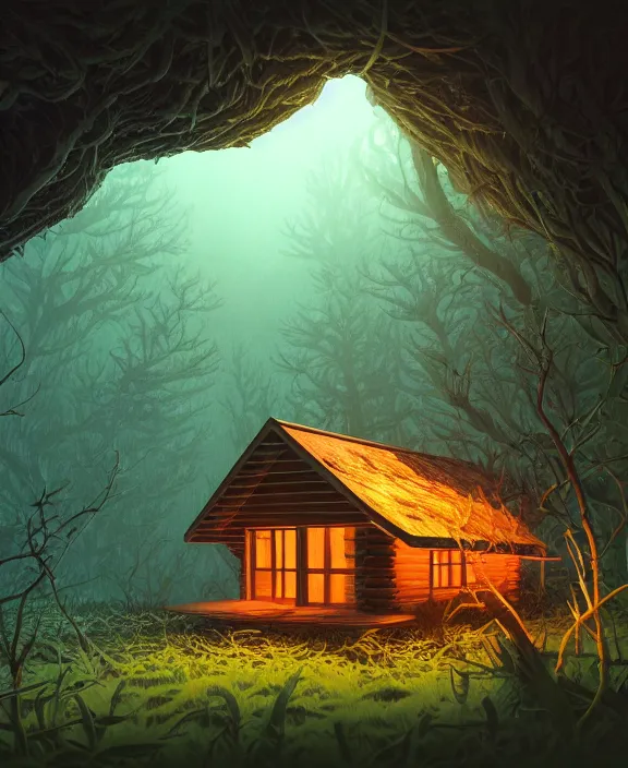 Prompt: minimalist cabin made from exotic fungus, overgrown with huge rare fungus, deep in the woods, by dan mumford, yusuke murata, makoto shinkai, ross tran, underwater, hellish, cinematic, unreal engine, cel shaded, featured on artstation, pixiv