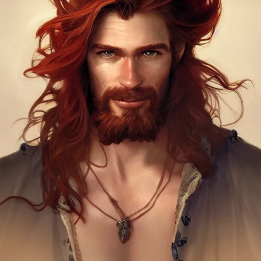 Image similar to portrait of a young ruggedly handsome but joyful pirate, male, masculine, upper body, red crimson hair, long flowing hair, fantasy, cheeky smirk, intricate, elegant, highly detailed, digital painting, artstation, concept art, matte, sharp focus, illustration, art by artgerm and greg rutkowski and alphonse mucha