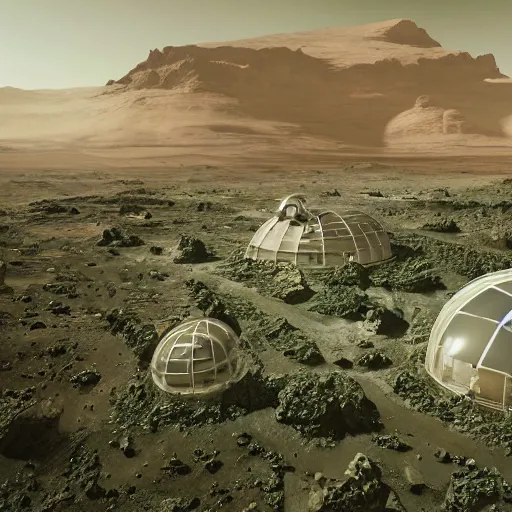 Image similar to A photorealistic image of the colonization of Mars, circa 2050, featuring large bio-domes filled with vegetation while the surface of Mars has many futuristic-looking buildings dotting the landscape, several people in space suits are outside