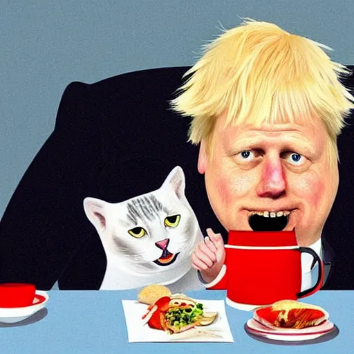 Prompt: boris johnson cartoonized. hyperrealistic. he is eating lunch with a cartoonized cat