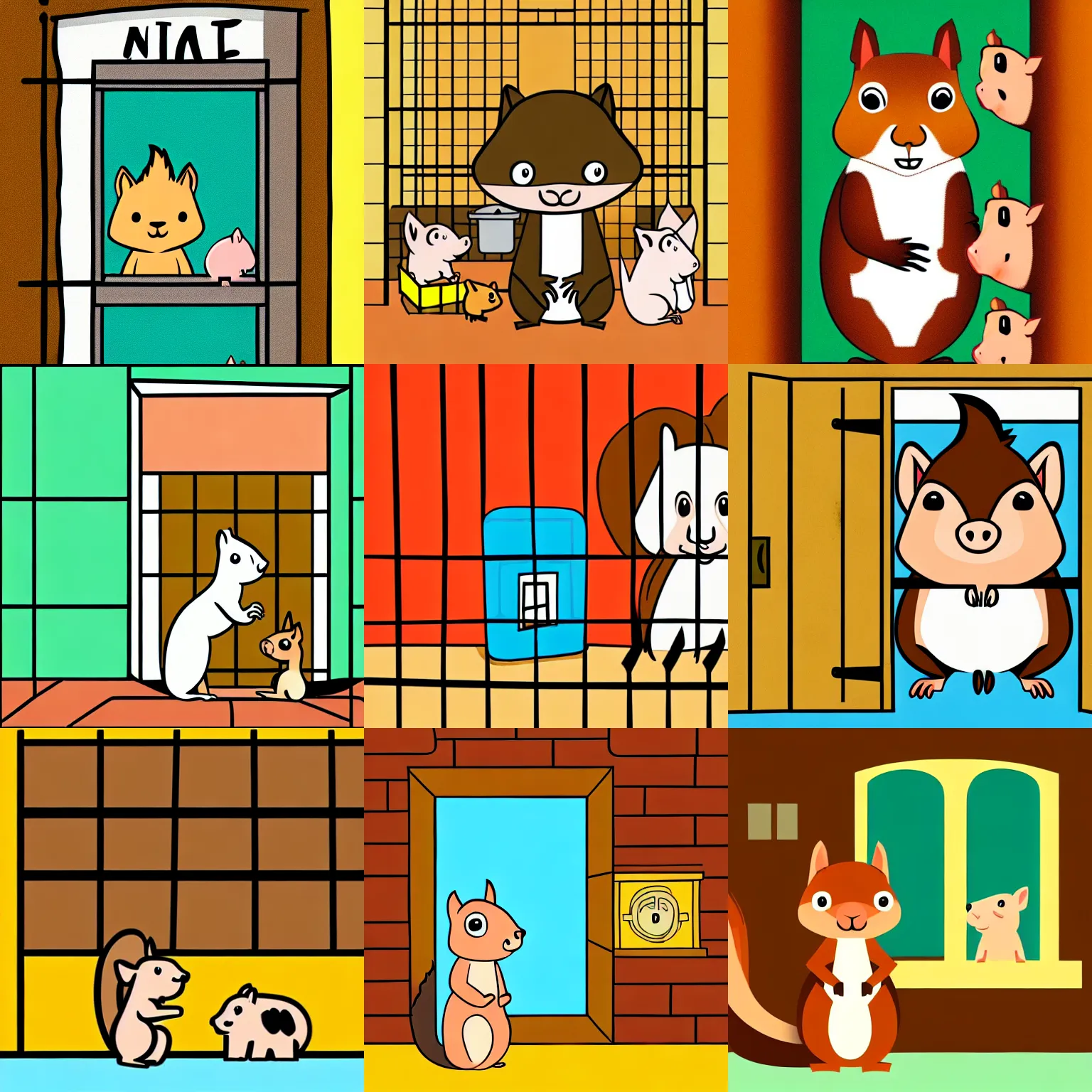 Prompt: a ilustration of a squirrel like a prison guard, next to a little pig inside a prison cell. the scene is in a penitentiary. happy colors, children's, family friendly