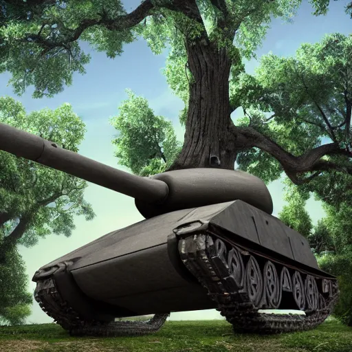 Image similar to a photo of a tank stuck in a giant tree, realistic, ultra high detail, 8 k.