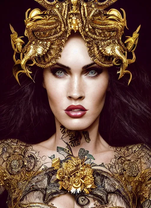 Prompt: a portrait of megan fox by stefan geselle and nekro borja, photorealistic, intricate details, hyper realistic, fantasy, elegant, baroque gold headpiece, photorealistic, canon r 3, photography, wide shot, symmetrical features, symmetrical pose, wide angle shot, head to toe, standing pose, feet on the ground, wearable art