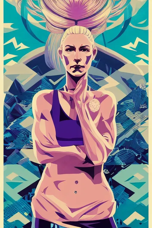 Prompt: a blonde woman mma fighter stands in fighting pose, a shadowy man towers behind her, purple and blue palette, tristan eaton, victo ngai, artgerm, rhads, ross draws