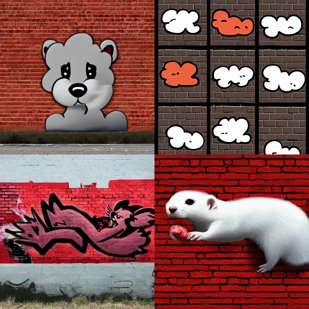 Prompt: ( ( cloud / smoke ) * ( ( backing ) * brick wall ) ) + ( ( graffiti ) * ( furry fandom ) * ( ( ferret * weasel * stoat ) * ( red + black ) ) )