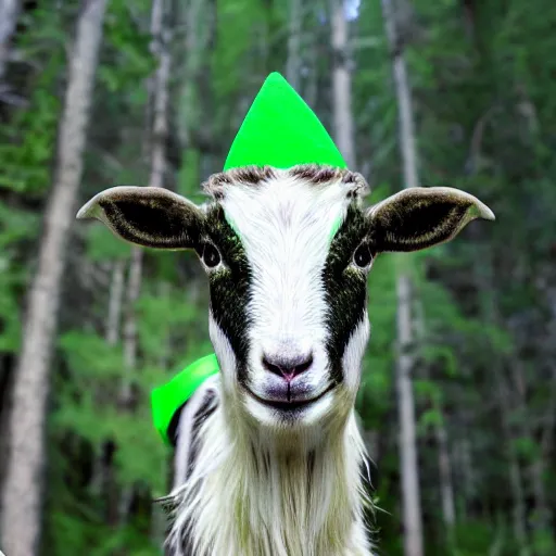 Prompt: green goat wearing a wizard hat, trail cam footage