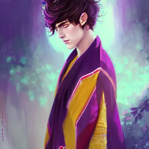 Image similar to colorful and Festive Captivating teenager boy with straight indigo hair, purple eyes with red eye markers, slim body, wearing a detailed Japanese kimono with golden details, atmospheric lighting, painted, intricate, 4k, highly detailed by Charlie Bowater