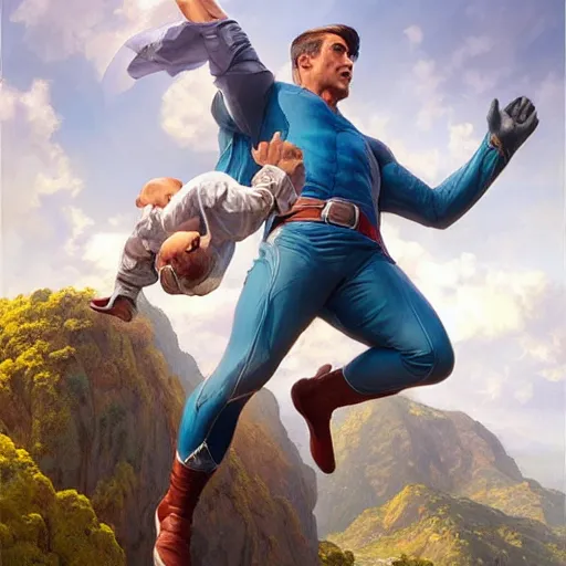 Image similar to a flying man catching a child that is falling from a cliff. photorealistic. realism. 4 k wideshot. cinematic. unreal engine. artgerm. marc simonetti. jc leyendecker