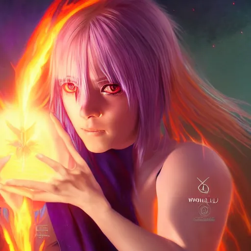 Image similar to rimuru tempest from tensura holding purple fire in her palm, with amber eyes of golden colored eyes, straight hair, sky blue hair, long bangs, concept art, award winning photography, key visual, digital painting, cinematic, wlop, 8 k, by ross tran, andy warhol, tom bagshaw