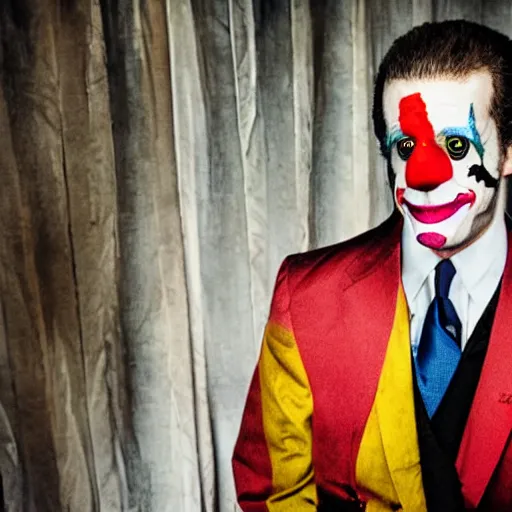 Image similar to uhd candid photo of hunter biden wearing bizarre clown makeup, with accurate face, in an abandoned drug den, uhd, studio lighting, correct face, photo by annie leibovitz