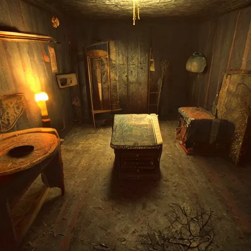 Prompt: room of a dark mansion, objects from ritual in the ground, realistic, highly detailed, background of pt game