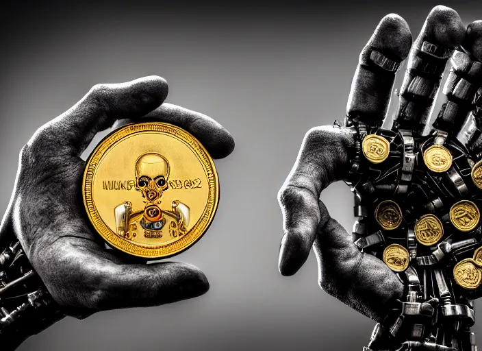 Prompt: mechanical cybernetic hands holding a coin that's worth 1 human soul, to be traded in hell. centered. horror cyberpunk dystopia style. highly detailed 8 k. intricate. nikon d 8 5 0 3 0 0 mm. award winning photography.
